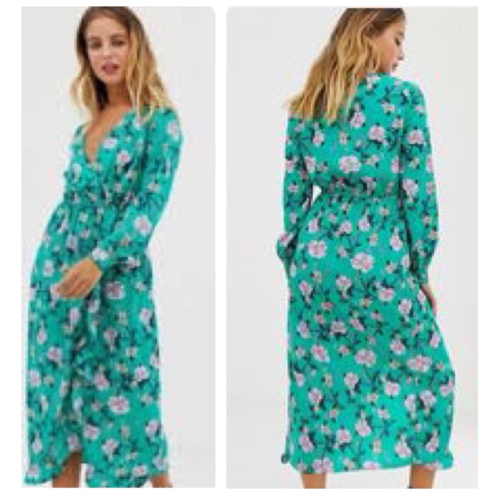Floral Maxi Dress Faux Wrap Waist Ruffle Hem Delicate FlowerTurquoise Green Blue